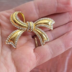 Vintage Monet Signed 1980's Gold Tone Bow Brooch with Crystal Rhinestones